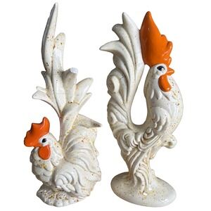 Pair Of 12" Tall Cream/yellow/orange Speckle MCM Rooster And Hen (hen Damaged)
